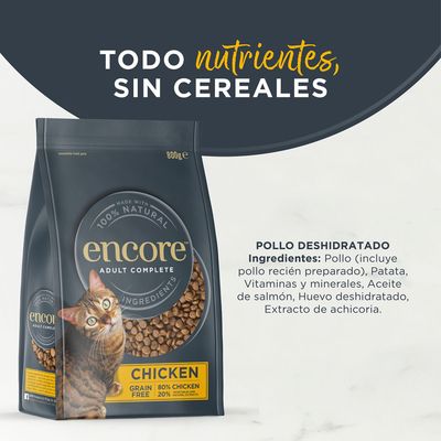 Encore Adult Complete comida para gatos, 800g, con pollo, sin cereales, 80% pollo, 20% extractos naturales, 100% ingredientes naturales.