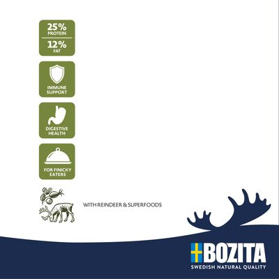 Bozita. 25% protein, 12% fat. Immune support, digestive health, for finicky eaters. With reindeer & superfoods. Swedish natural quality.