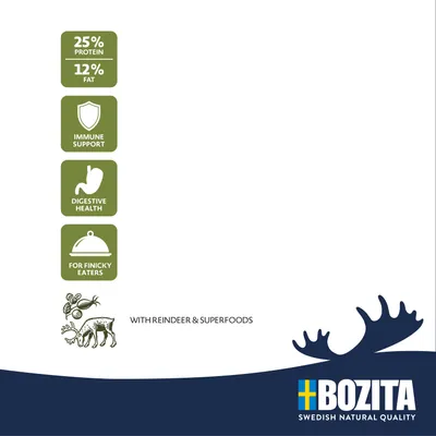 Bozita. 25% protein, 12% fat. Immune support, digestive health, for finicky eaters. With reindeer & superfoods. Swedish natural quality.
