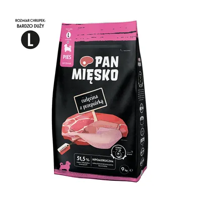 Pan Mięsko Hundefutter für Welpen, Geschmacksrichtung Kalbfleisch mit Wachtel, hypoallergen, Grösse L, 51,5% Fleischanteil, Packungsgrösse 9 kg.
