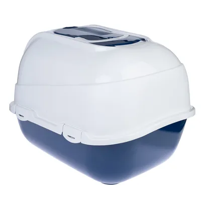 Maison de toilette pour chat en plastique, couvercle blanc avec base bleu foncé, poignée et grille d’aération visibles sur le dessus.