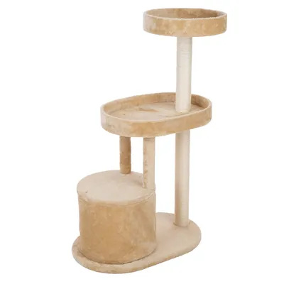 Cat tree with three levels, beige plush cover and sisal posts. Lower level with enclosed hideaway, middle and top levels open for lounging.
