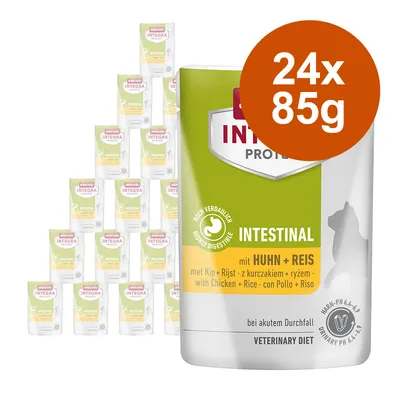 Animonda Integra Protect Intestinal, lot de 24 sachets de 85 g, poulet et riz, mention hautement digestible, alimentation vétérinaire visible sur l’emballage.