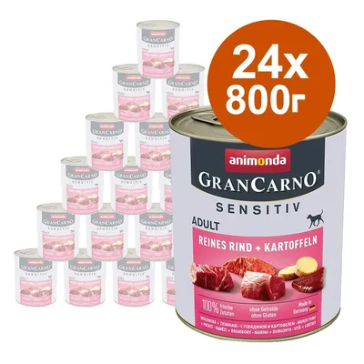 24 консерви по 800 г Animonda GranCarno Sensitiv Adult, Reines Rind + Kartoffeln. Видими парчета месо и картофи на етикета. Текст: 100% frische zutaten, ohne Getreide, ohne Gluten.