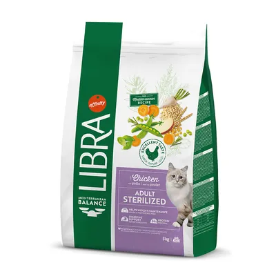 Libra Mediterranean Balance Adult Sterilized karma dla kotów z kurczakiem, 3 kg. Wspomaga utrzymanie wagi i trawienie, 33% białka. Bez sztucznych barwników i konserwantów.