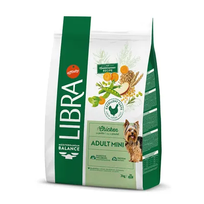 Libra Mediterranean Balance Adult Mini mit Huhn, 3kg. Rezept für Verdauungswohlbefinden, 25% Protein. Ohne künstliche Farbstoffe und Konservierungsstoffe.