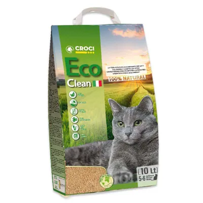 Croci Eco Clean żwirek dla kotów, 100% naturalny, 10 litrów, odpowiedni na 5-6 tygodni. Opakowanie z szarym kotem i zielonym krajobrazem.