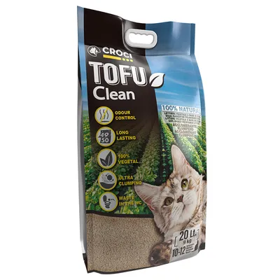 Croc! Tofu Clean żwirek dla kotów, 100% naturalny, pochłania zapachy, trwały, roślinny, silnie zbrylający, do WC. Zawartość: 20 litrów, 9 kg, na 10-12 dni.