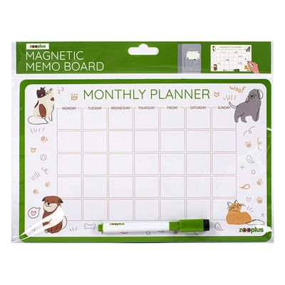 Zooplus magnetska ploča za bilješke s mjesečnim planerom, dani u tjednu od ponedjeljka do nedjelje, uključuje zeleno-bijeli marker. Ilustracije psa, mačke i dodataka.