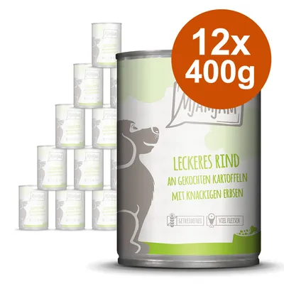 Lot de 12 boîtes MjAMjAM 400g, texte visible en allemand : Leckeres Rind an gekochten Kartoffeln mit knackigen Erbsen. Mention sans céréales, riche en viande.