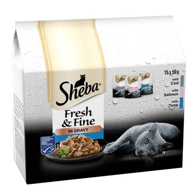 Sheba Fresh & Fine in Gravy, 15 x 50g pouches with cod, salmon and tuna. Certified sustainable seafood label visible on packaging.