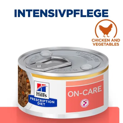 Hill's Prescription Diet On-Care Nassfutter, Intensivpflege, Huhn und Gemüse, Dose mit Aktivbiom-Logo. Hill's Prescription Diet On-Care Nassfutter, Intensivpflege, Huhn und Gemüse, Dose mit Aktivbiom-Logo.