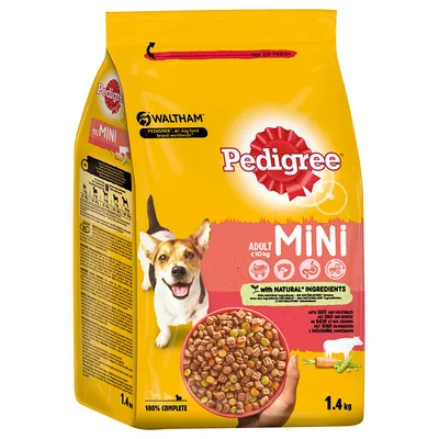 Pedigree Adult Mini hondenvoer, zichtbaar: 1,4 kg zak, geschikt voor honden <10 kg, met rund en groenten, natuurlijke ingrediënten, afbeelding van brokjes en merknaam Waltham. Pedigree Adult Mini hondenvoer, zichtbaar: 1,4 kg zak, geschikt voor honden <10 kg, met rund en groenten, natuurlijke ingrediënten, afbeelding van brokjes en merknaam Waltham.
