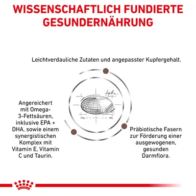 Texte en allemand : 'Wissenschaftlich fundierte Gesundernaehrung', ingrédients digestes, teneur en cuivre adaptée, oméga-3 EPA+DHA, vitamines E et C, taurine, fibres prébiotiques.
