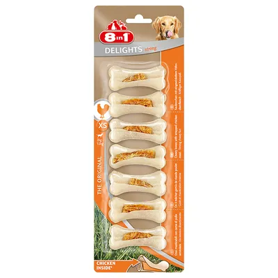Pack of seven bone-shaped chews with chicken inside, labelled XS for 2kg to 12kg, showing product features and feeding instructions on the packaging.