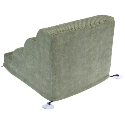 Escalier pour animaux en tissu vert avec trois marches et ventouses visibles à la base pour fixation. Surface supérieure texturée, structure rembourrée.