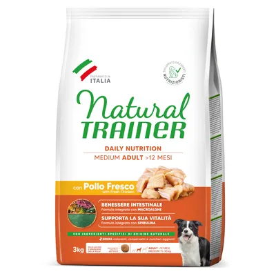 Natural Trainer Daily Nutrition Medium Adult >12 Monate mit frischem Huhn, Zutaten natürlichen Ursprungs, ohne Farbstoffe, Konservierungsstoffe und Zuckerzusätze. Packung 3kg. Natural Trainer Daily Nutrition Medium Adult >12 Monate mit frischem Huhn, Zutaten natürlichen Ursprungs, ohne Farbstoffe, Konservierungsstoffe und Zuckerzusätze. Packung 3kg.