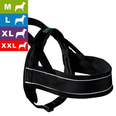 Harnais noir pour chien, disponible en tailles M, L, XL et XXL, indication des tailles avec silhouettes de chiens à gauche de l’image. Matière textile visible.
