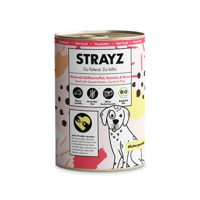 STRAYZ vådfoder oksekød med sød kartoffel, gulerod & pære. Monoprotein, kornfri, uden tilsat sukker, økologisk. Hvert produkt støtter hunde i nød.