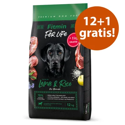 Fitmin For Life Premium Dog Food, rico em cordeiro e arroz, 12 kg. Hipoalergénico, sem milho e trigo, com chicória como prebiótico. Oferta: 12+1 grátis.