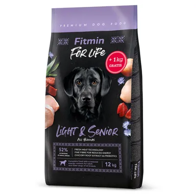 Fitmin For Life Light & Senior pre všetky plemená, prémiové krmivo pre psov, 12 kg, +1 kg zdarma. 52 % živočíšnych bielkovín, znížená energia, extrakt z koreňa čakanky ako prebiotikum.