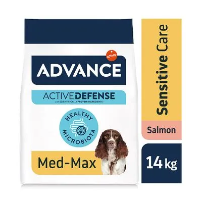 ADVANCE Active Defense Sensitive Care Salmon Med-Max hondenvoer, 14 kg zak, met tekst: Healthy Microbiota. Voor middelgrote tot grote honden zichtbaar op verpakking.