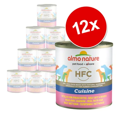 12 консерви Almo Nature HFC Cuisine, телешко с ветчина. Видими надписи: 'pet food + amore', 'HFC', 'Cuisine', 'Vitello con prosciutto – телятина с ветчина'. 12 консерви Almo Nature HFC Cuisine, телешко с ветчина. Видими надписи: 'pet food + amore', 'HFC', 'Cuisine', 'Vitello con prosciutto – телятина с ветчина'.
