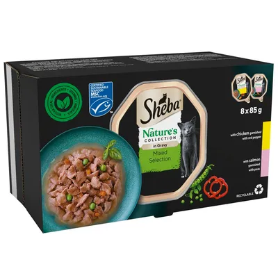 Sheba Nature's Collection in Gravy Mixed Selection, 8 x 85g. Includes chicken with red pepper and salmon with peas. Certified sustainable seafood. Recyclable packaging.