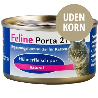 Feline Porta 21 kattemad dåse, synlig tekst: Ergänzungsfuttermittel für Katzen, Hühnerfleisch pur, natural, UDEN KORN. Billede af kat på etiketten.