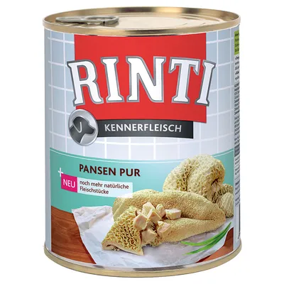 Conservă Rinti Kennerfleisch, text vizibil: Pansen Pur, imagine cu bucăți de carne. Text suplimentar în germană: neu, noch mehr natürliche Fleischstücke.