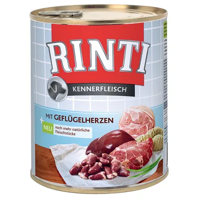 Rinti Kennerfleisch blik met zichtbaar opschrift 'MIT GEFLÜGELHERZEN', afbeelding van vlees en orgaanvlees, extra tekst: 'NEU noch mehr natürliche Fleischstücke'.