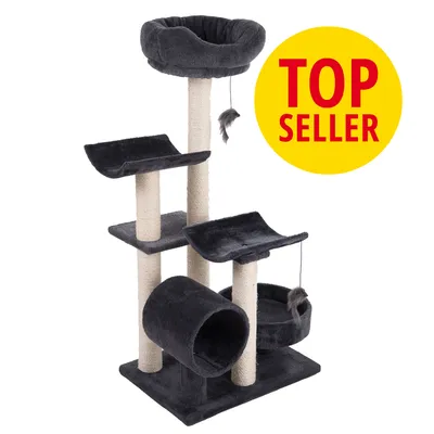 Klatrestativ til katte med mørkegrå platforme, sisalstolper og hængende legetøj. Gul cirkel med rød tekst: TOP SELLER.