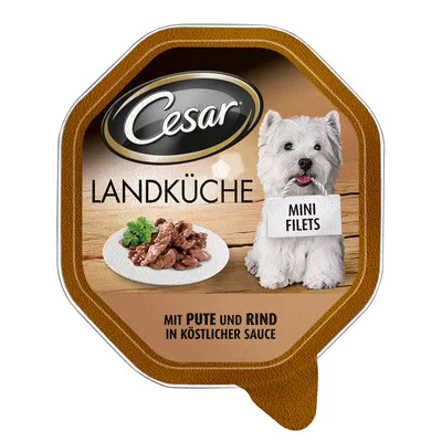 Cesar Landküche Mini Filets, com texto visível: 'Mit Pute und Rind in köstlicher Sauce'. Embalagem mostra prato de filetes e cão branco. Texto em alemão.