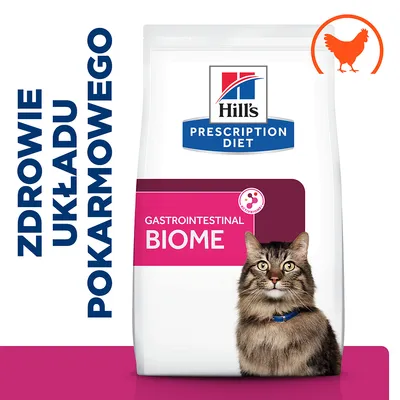 Hill's Prescription Diet Gastrointestinal Biome dla kotów. Zdrowie układu pokarmowego. Widoczny symbol kurczaka na opakowaniu.