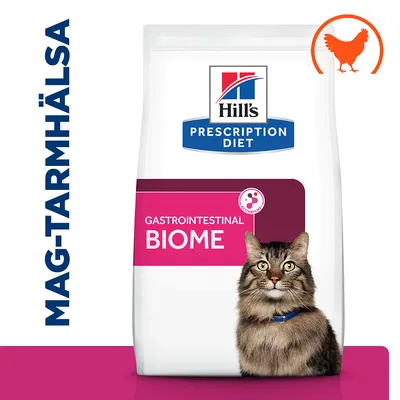 Hill's Prescription Diet Gastrointestinal Biome kattmat, text: MAG-TARMHÄLSA, bild på katt och kycklingsymbol synliga på förpackningen. Hill's Prescription Diet Gastrointestinal Biome kattmat, text: MAG-TARMHÄLSA, bild på katt och kycklingsymbol synliga på förpackningen.