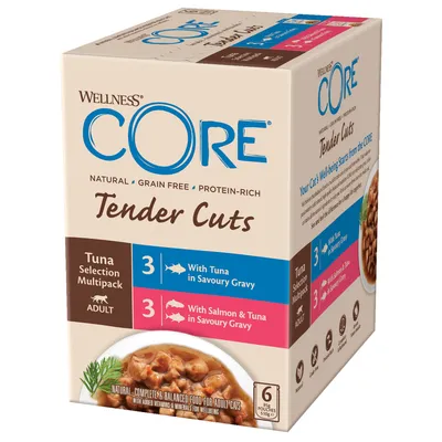 Wellness CORE Tender Cuts, Tuna Selection Multipack für erwachsene Katzen. 3x Thunfisch in Sosse, 3x Lachs und Thunfisch in Sosse. Getreidefrei, proteinreich, 6 Beutel à 85g.