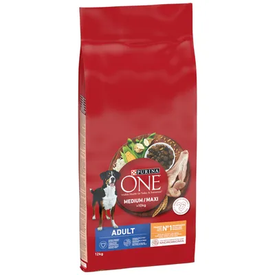 Purina ONE Adult Medium/Maxi >10kg, sac 12kg. Ingrediente vizibile: pui, orez, porumb, legume. Pentru câini. Cu formulă pentru microbiom și informații nutriționale pe ambalaj.