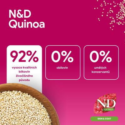 N&D Quinoa. 92% kvalitných živočíšnych bielkovín, 0% obilnín, 0% umelých konzervačných látok. Skin & Coat.