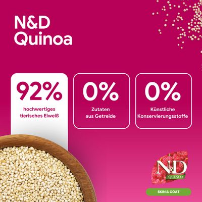 N&D Quinoa: 92% hochwertiges tierisches Eiweiß, 0% Zutaten aus Getreide, 0% künstliche Konservierungsstoffe. Skin & Coat.