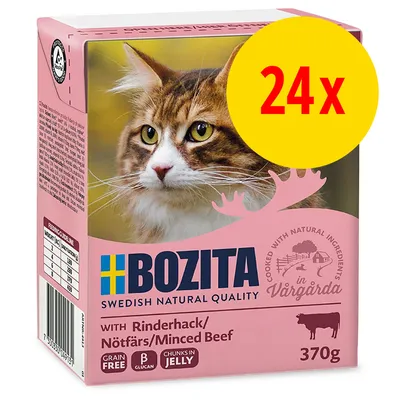 Confezione Bozita Swedish Natural Quality con manzo macinato, 370 g, per gatti. Testo visibile: grain free, β glucan, chunks in jelly. Evidenziato cerchio giallo con '24x'.