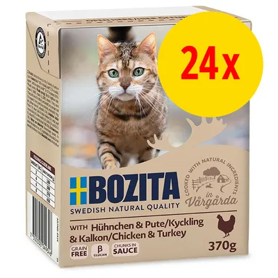 Bozita Swedish Natural Quality, pollo e tacchino, 370 g, confezione da 24. Testo visibile: grain free, chunks in sauce, β-glucan. Immagine di un gatto sulla confezione.