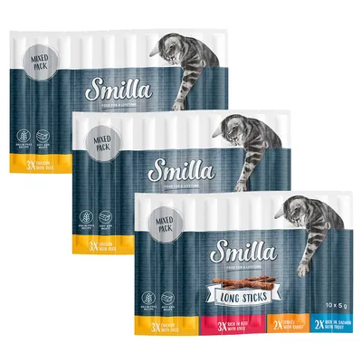 Smilla Long Sticks Mixed Pack, 10x5g: 3x pollo con anatra, 3x manzo con fegato, 2x tacchino con coniglio, 2x salmone con trota. Ricetta senza cereali, morbido e carnoso.