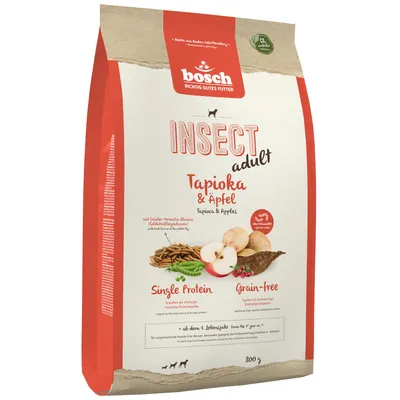Bosch Insect Adult cibo per cani, tapioca e mela, monoproteico, senza cereali, dall’1° anno di vita, confezione da 800g.