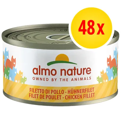 almo nature OWNED BY THE ANIMALS, FILETTO DI POLLO • HÜHNERFILET • FILET DE POULET • CHICKEN FILLET, 48x synligt på burk med färgglada kattfigurer