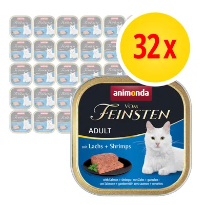 animonda Vom Feinsten Adult mit Lachs + Shrimps, 32 tacki. Na opakowaniu biały kot i widoczny napis: with Salmon + shrimps. Zestaw mokrej karmy dla kotów dorosłych.