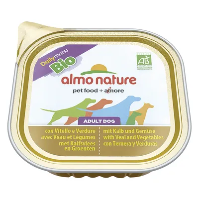 Barquette Almo Nature Daily Menu Bio pour chien adulte, avec veau et légumes. Texte visible : pet food + amore, Adult Dog, Certifié AB Agriculture Biologique.