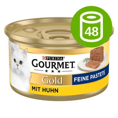 Purina Gourmet Gold Feine Pastete mit Huhn, opak 48 puszek. Na etykiecie zdjęcie białego kota i kawałek pasztetu na talerzu.
