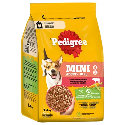 Pedigree MINI ADULT <10 kg, suha hrana za pse z govedino in zelenjavo, 1,4 kg. Oznake: naravne sestavine, prebiotiki in superživila. Slika briketov in psa na embalaži.