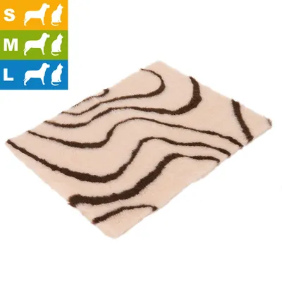 Tapis beige à motif zébré, disponible en tailles S, M et L pour chiens et chats (icônes visibles en haut à gauche). Tapis beige à motif zébré, disponible en tailles S, M et L pour chiens et chats (icônes visibles en haut à gauche).