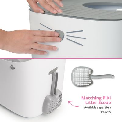 Hand trycker på en grå knapp på en vit låda med kattmotiv. Nedan: grå ströskopa, information: Matchande PIXI Litter Scoop säljs separat, #44265.